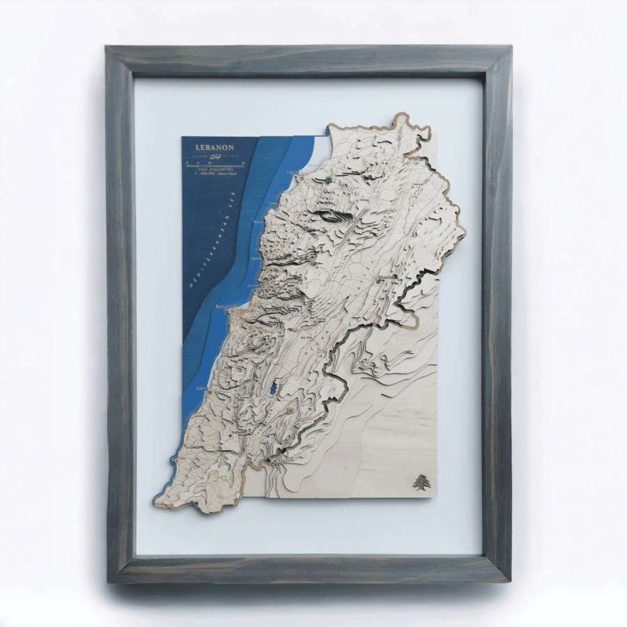 Framed wooden topographic contour map art of lebanon