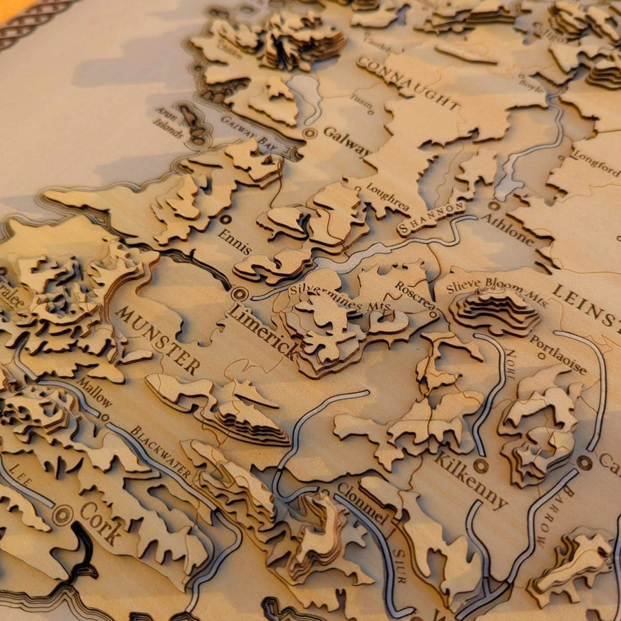 Limerick depicted on a wooden map art of Ireland