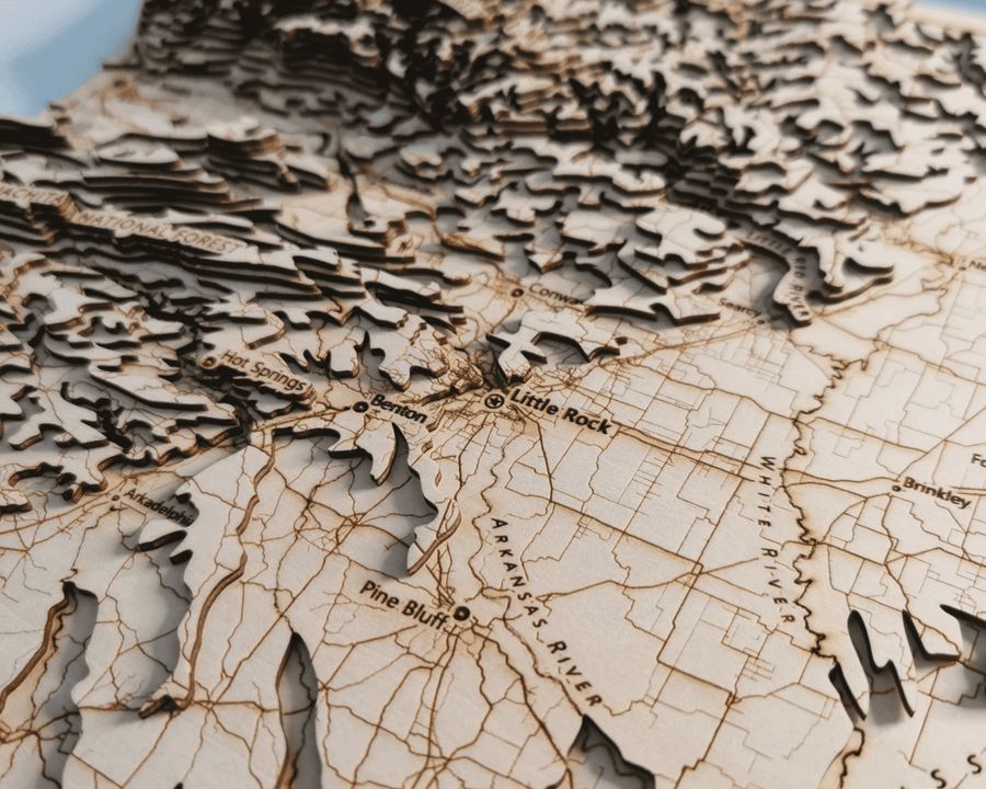 Little Rock Arkansas as shown on a topographic 3d carved wooden map