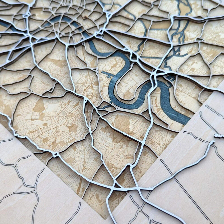 Close up of a wooden map art of the city of London, UK