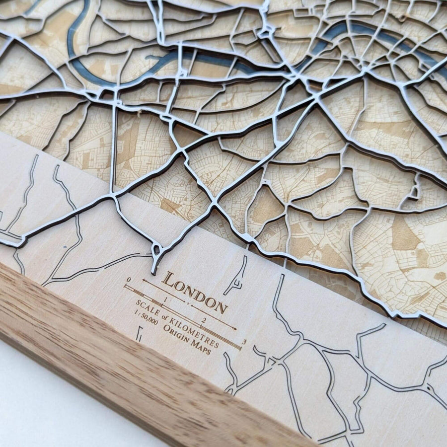 Wooden map of London with cut-out design