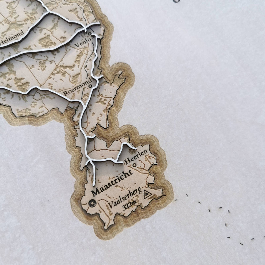 Maastricht and Vaalserberg of the Netherlands as shown on a minimalist laser cut map