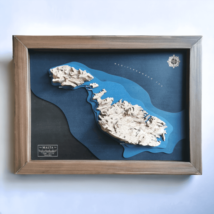 Malta Wooden Topographic and Bathymetric Framed Map