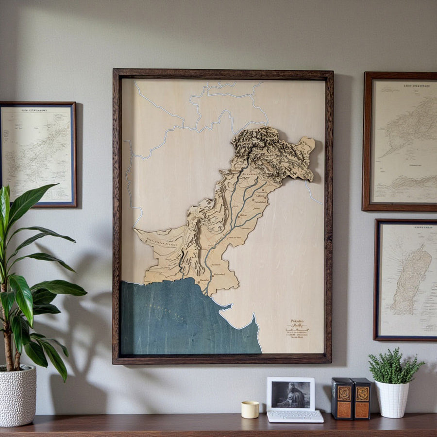 Framed Wooden Map art of Pakistan on a bedroom wall as interior decor