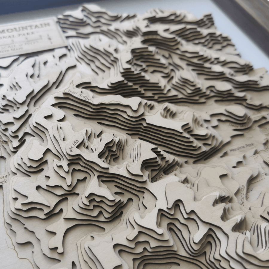 Close up of Mount Ida of Rocky Mountain National Park of Colorado in a wooden topographic contour map