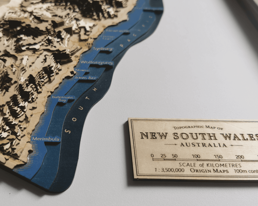 The legend of a wooden map of the state of new south wales, australia
