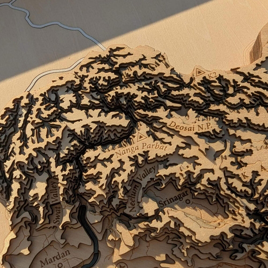 Topographic map with laser-cut details of mountain ranges and valleys of Nanga Parbat and K2 of Pakistan