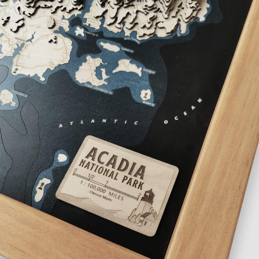 Legend of a map of acadia national Park made of wood