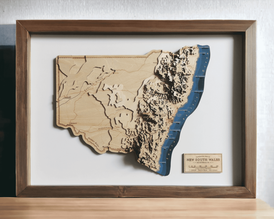 Wooden Topographic framed contour map art of the state of new south wales of australia