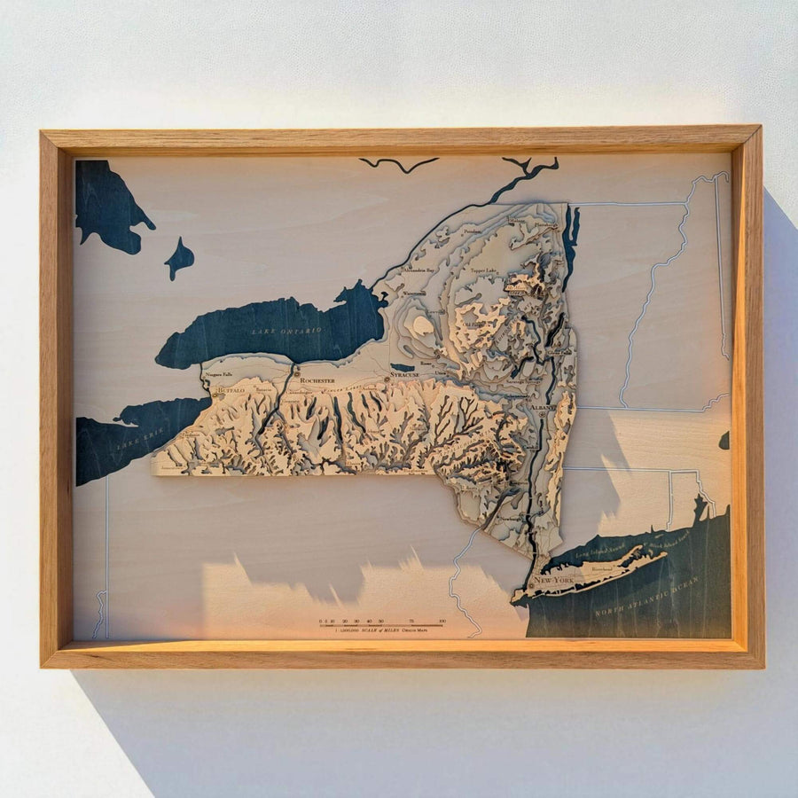 Wooden framed topographic map art of the state of New York