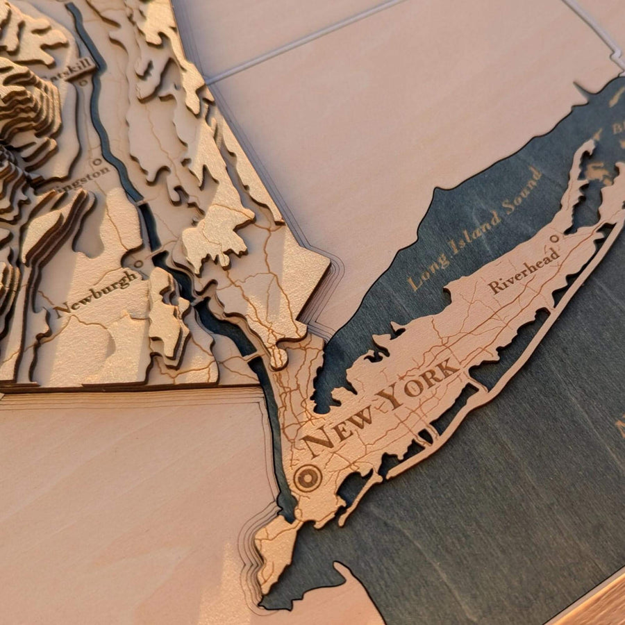 Wooden map of New York with topographic details