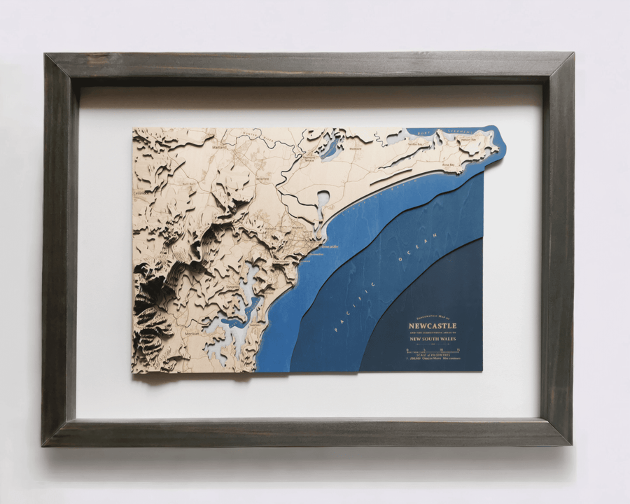 Newcastle NSW Australia Wooden Topographic Contour Map Art in a black pine frame