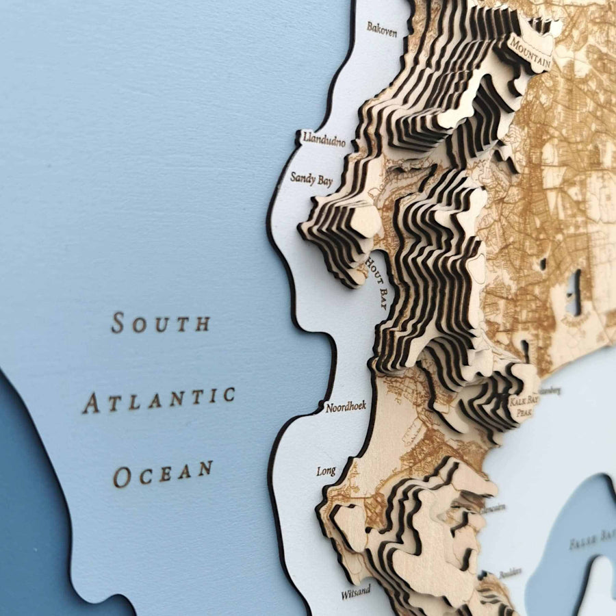 south atlantic ocean meeting table moutain of south Africa as seen on a carved 3d contour map