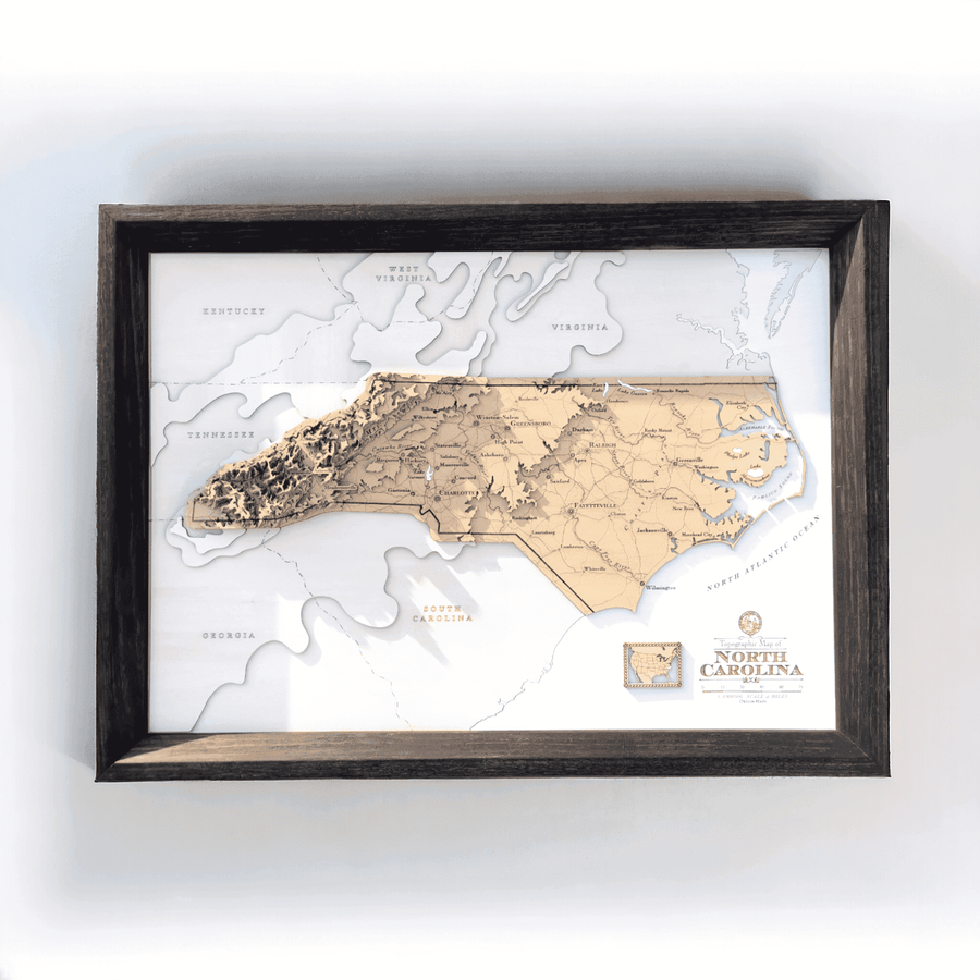 North Carolina USA wooden topographic contour map