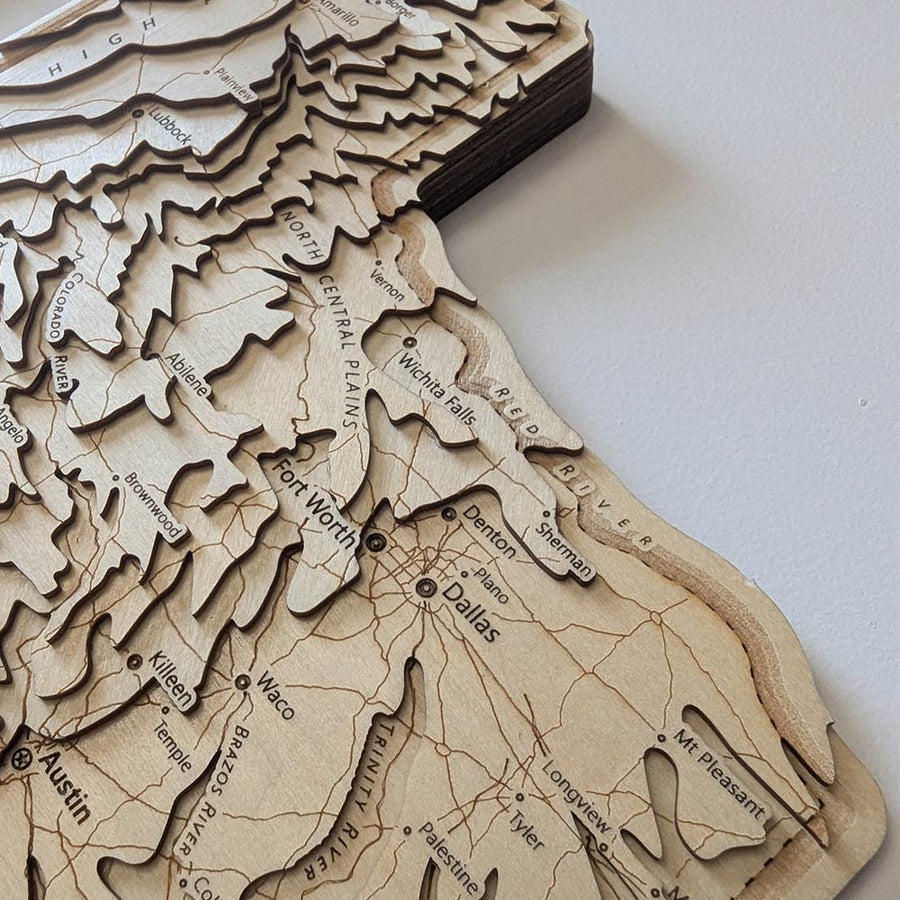 Dallas fort Worth of Texas as seen on a 3d wooden contour map