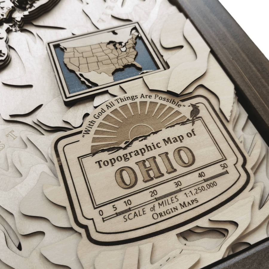 Wooden Map Legend for a map of the state of Ohio featuring a miniature usa and Ohio state motto "With god all things are possible"
