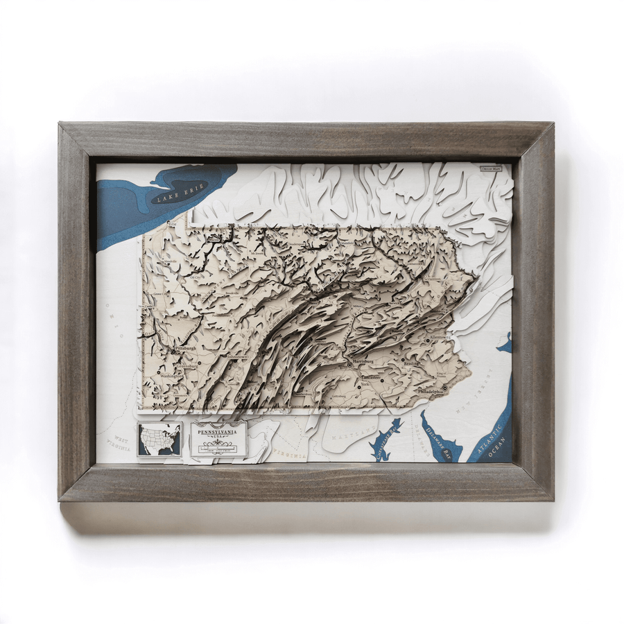 Wooden topographic contour map art of Pennsylvania USA