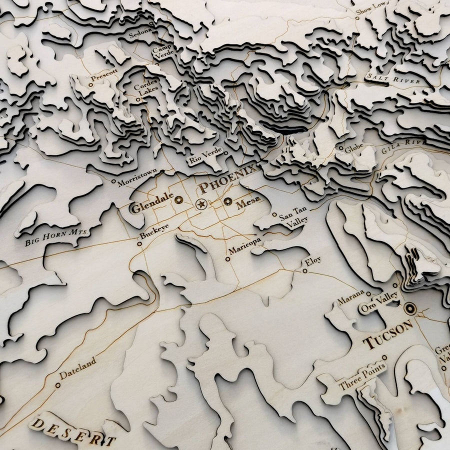 Phoenix, mesa, and glendale of arizona usa, as seen on a carved topographic physical map