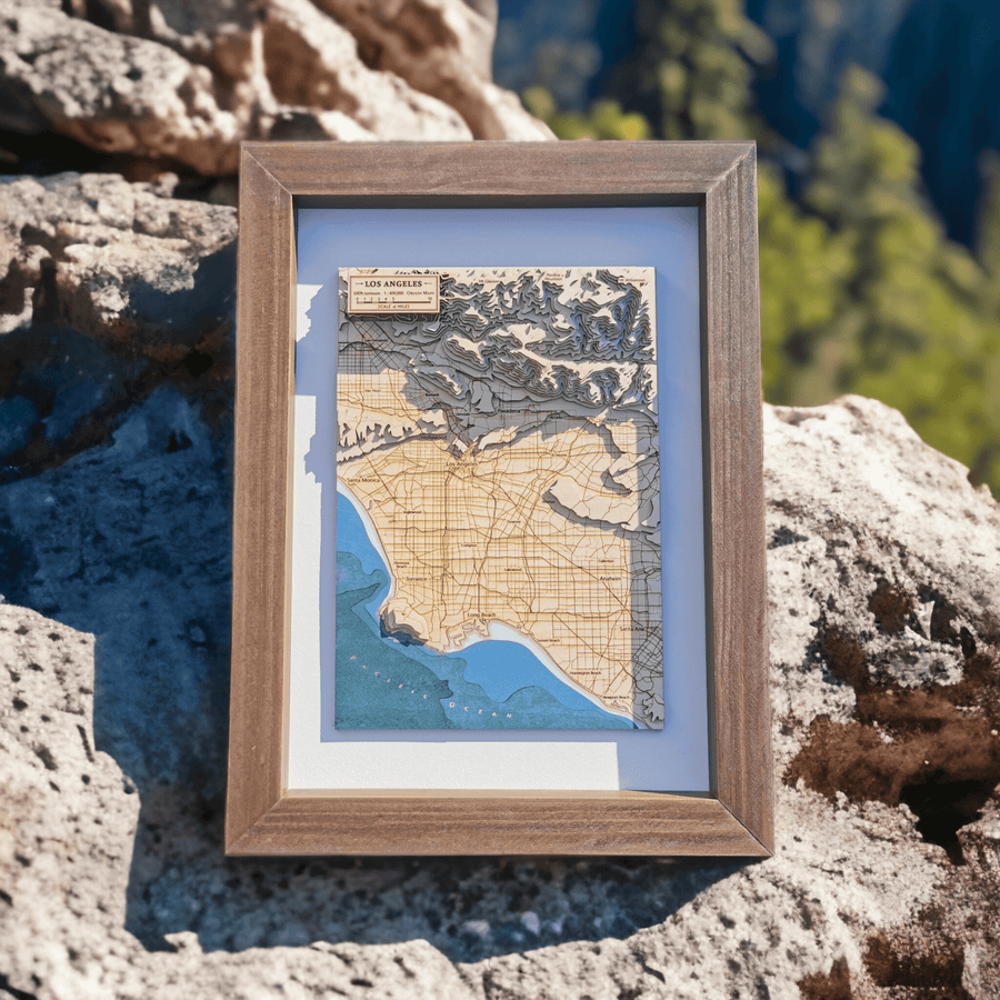 Los Angeles wooden map art in an oak frame, a carved 3D topographic map