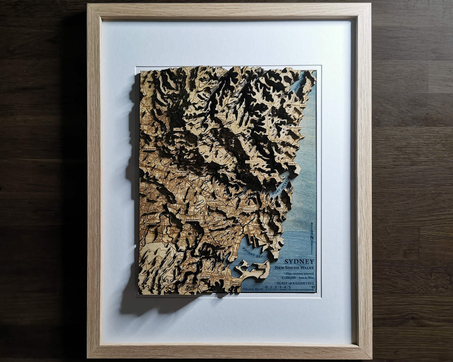 Sydney Wooden topographic map art of the city in laser cut contours