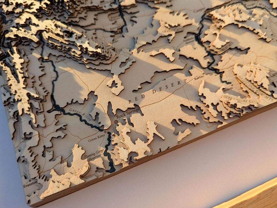 Red Desert of Wyoming on a wooden 3d carved map art