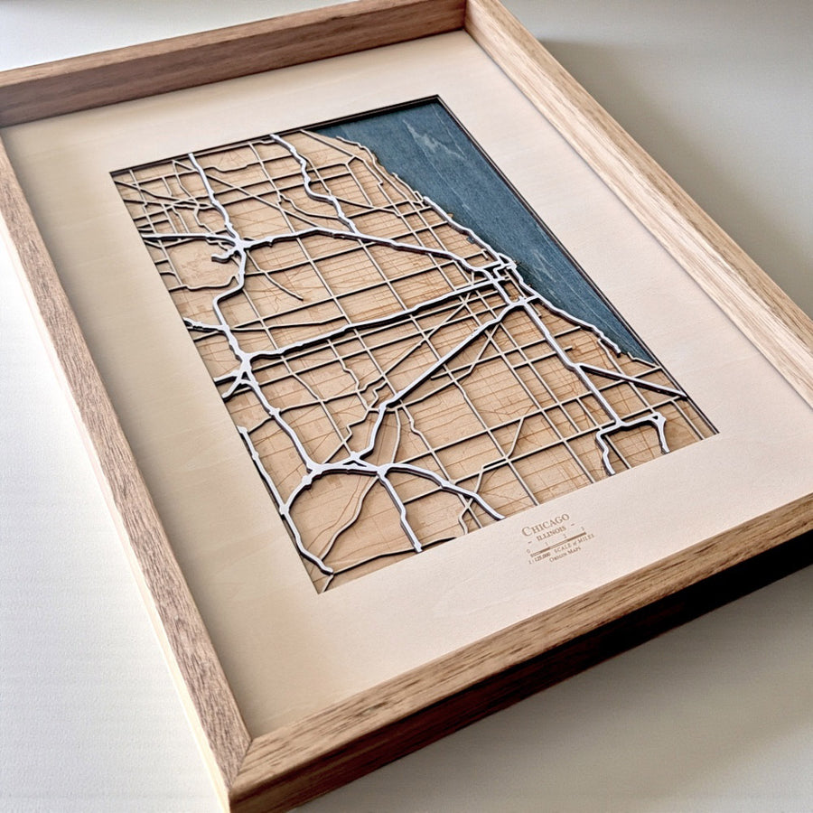 Intricate wooden map of the chicago river