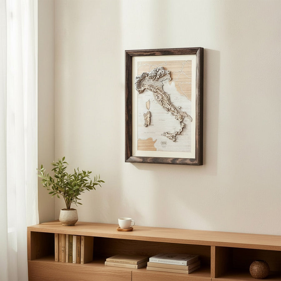 Wooden framed map of italy hanging on the wall