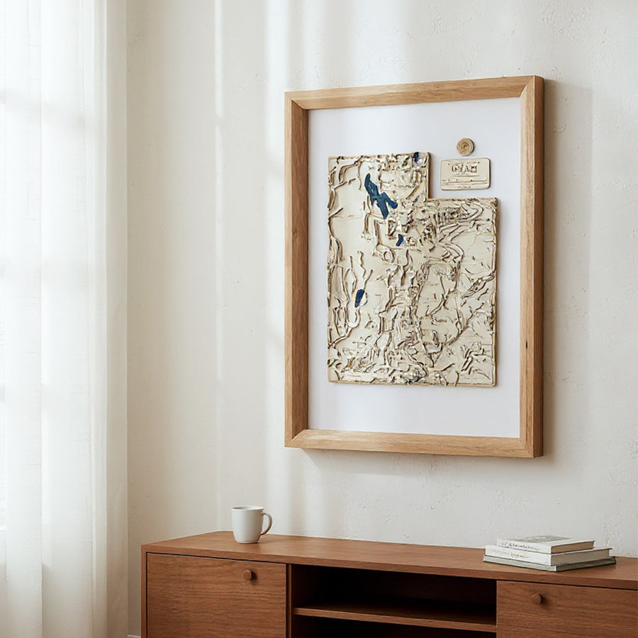 Framed wooden contour map of Utah