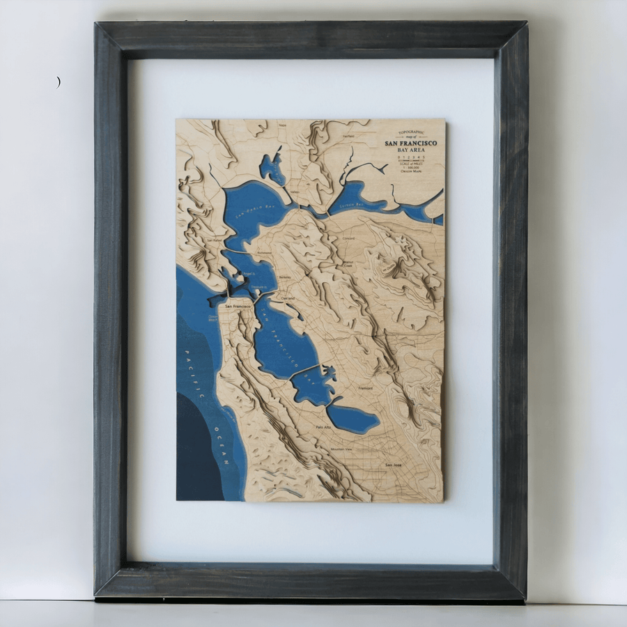 San Francisco Bay Area Wooden Topographic Map Showing the bathymetry