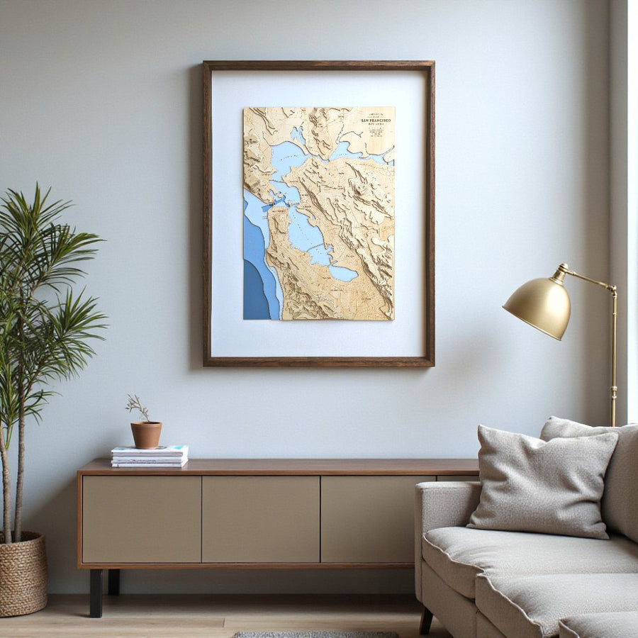 Framed wooden map art of san francisco bay area of california displayed in a living room