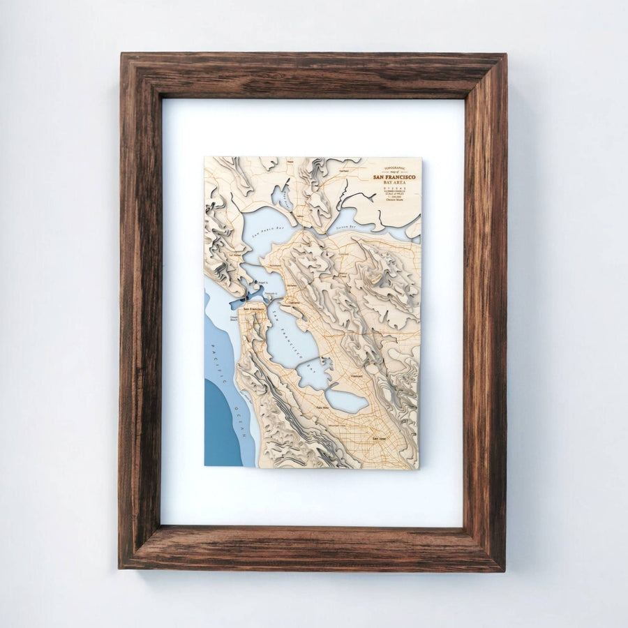 San francisco wooden topographic contour map in a brown wooden frame