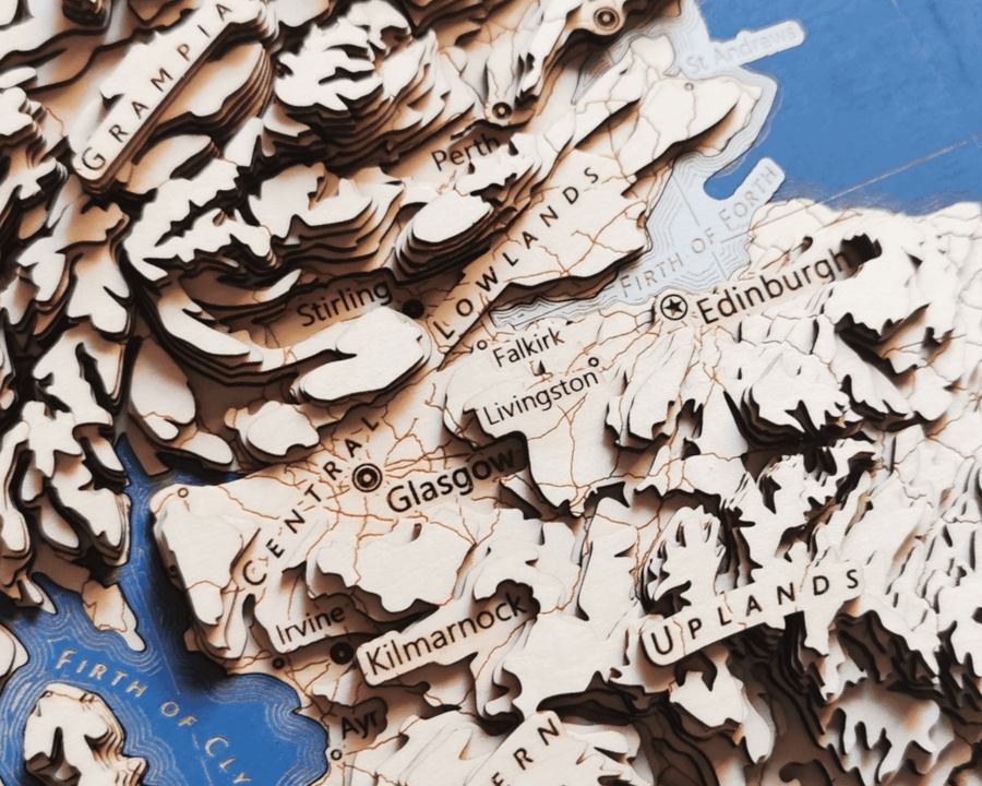 Central lowlands, glasgow and edinburgh of scotland as a wooden contour map