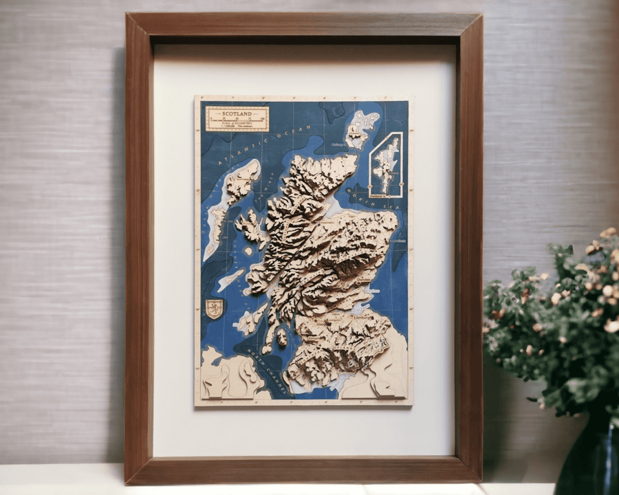 3D Framed Wooden topographic map art of scotland, with blue ocean bathymetry