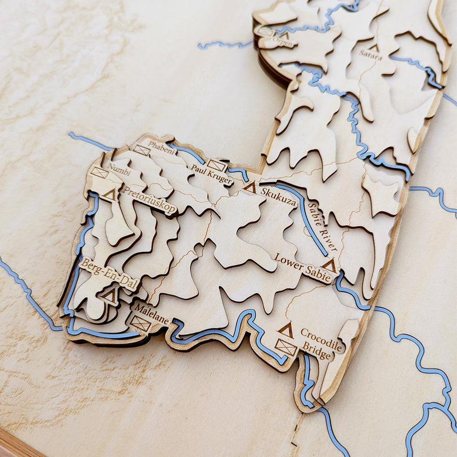 Lower Sabie and Crocodile Bridge Of Kruger National Park as seen on a wooden map