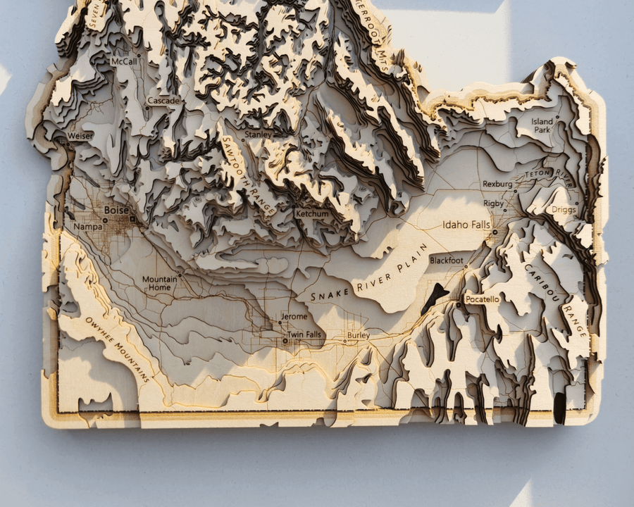 Wooden contour map of southern Idaho state