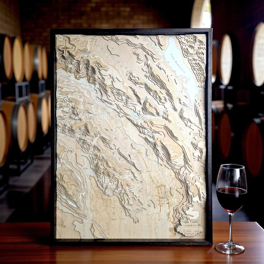 3D contour map of the Napa Valley with a glass of wine next to it