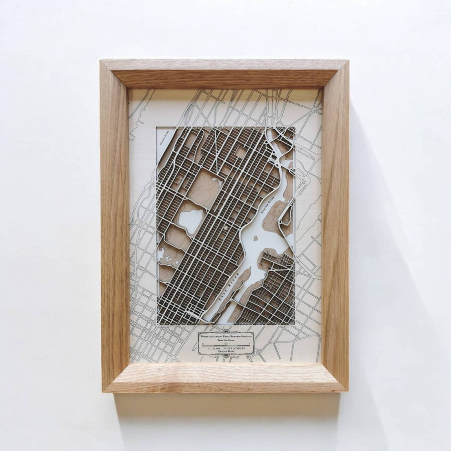 Custom relief style wooden map in a wooden frame