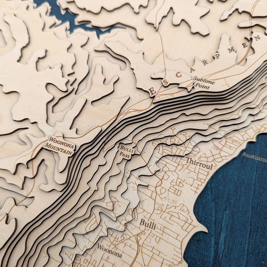Bulli Pass and Sublime Point of NSW as seen on a wooden map