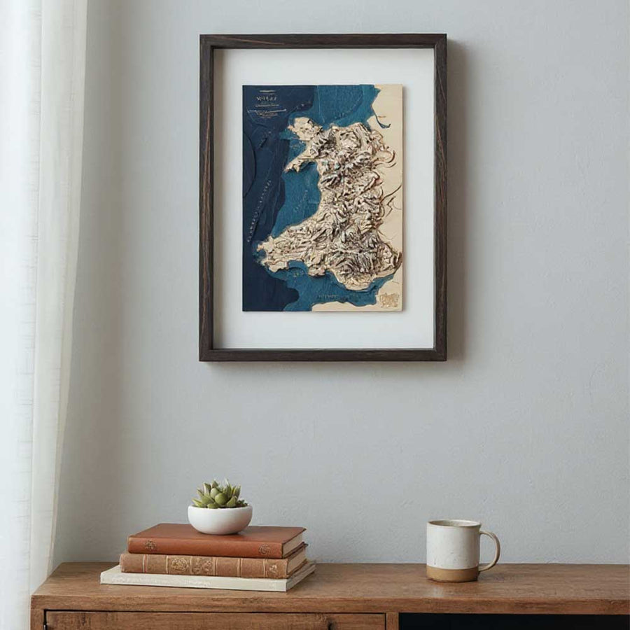 Contour map art of wales, united kingdom in a living room