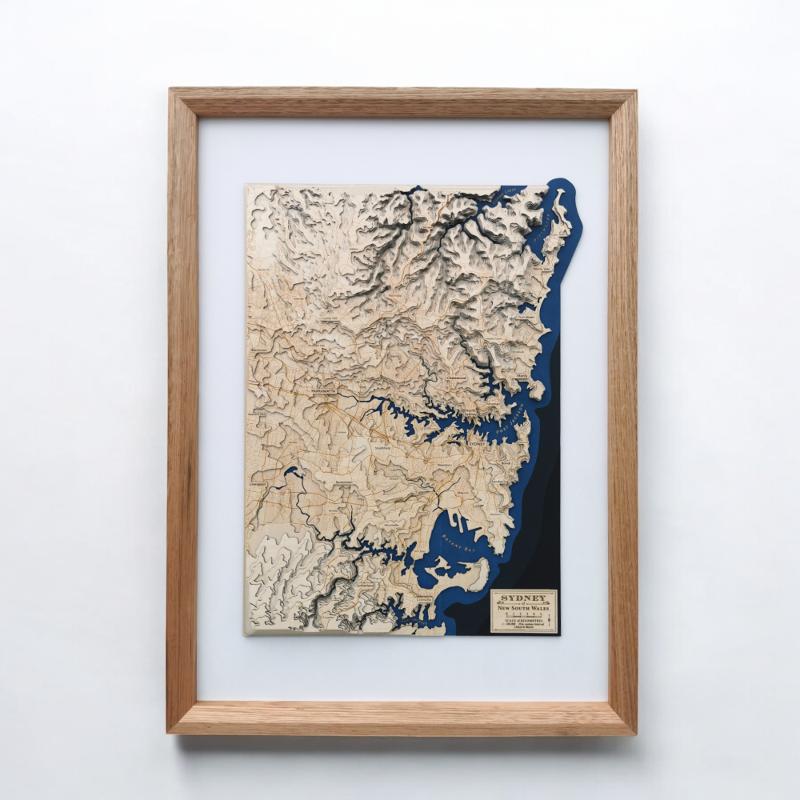 Sydney topographic wooden map art in an oak frame, a carved 3D topographic map