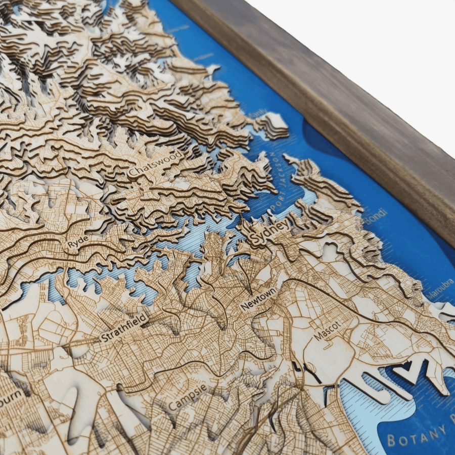 Wooden topographic map of sydney and newtown
