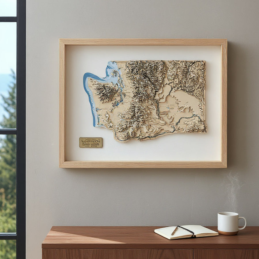 Framed wooden map art of Washington State