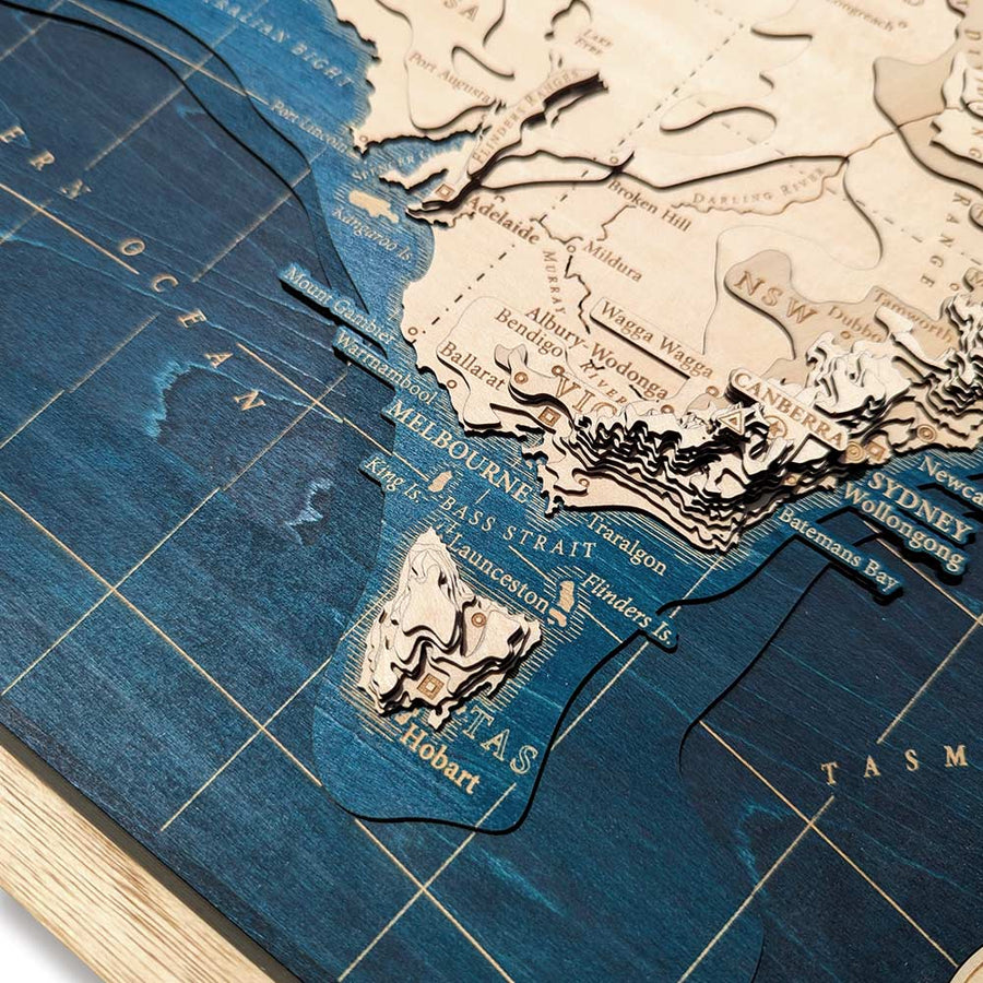 Tasmania as seen on a Wooden Topographic Map of Australia