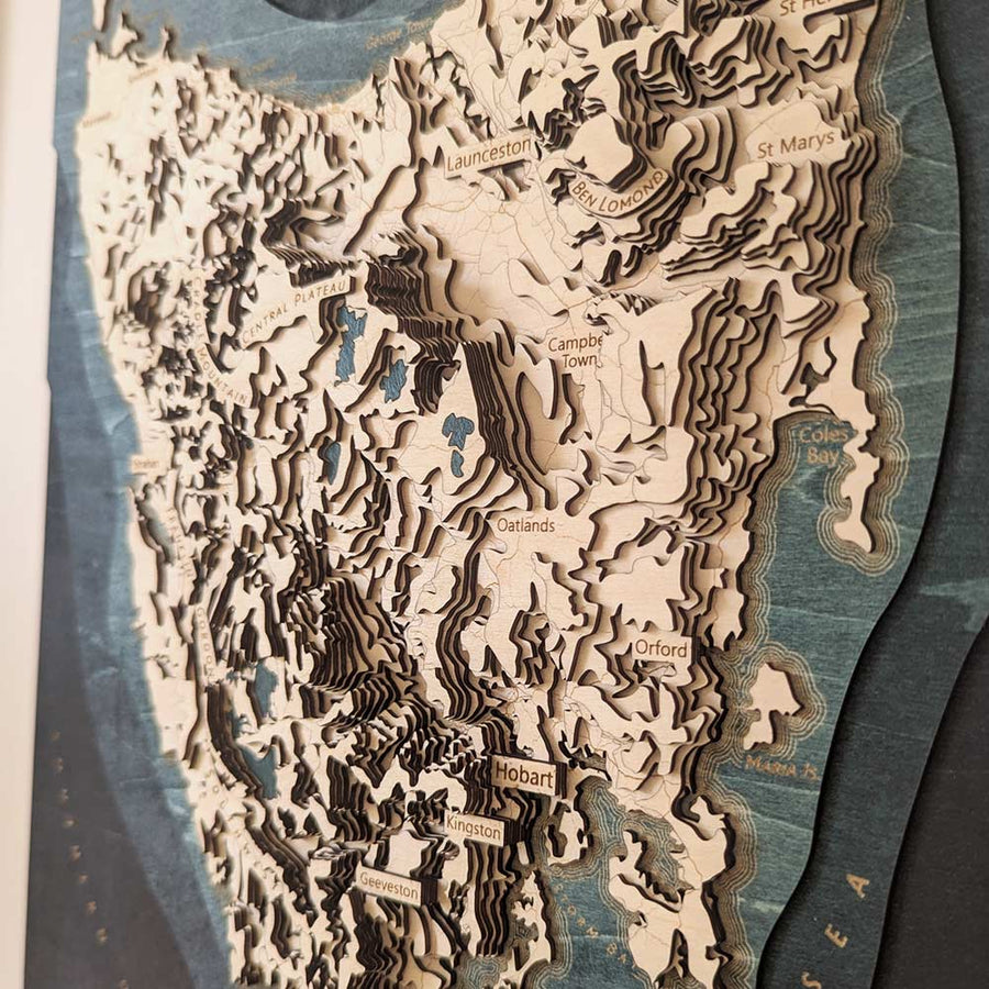 Close up of a map of Tasmnia showing Oatlands and the Central Plateau