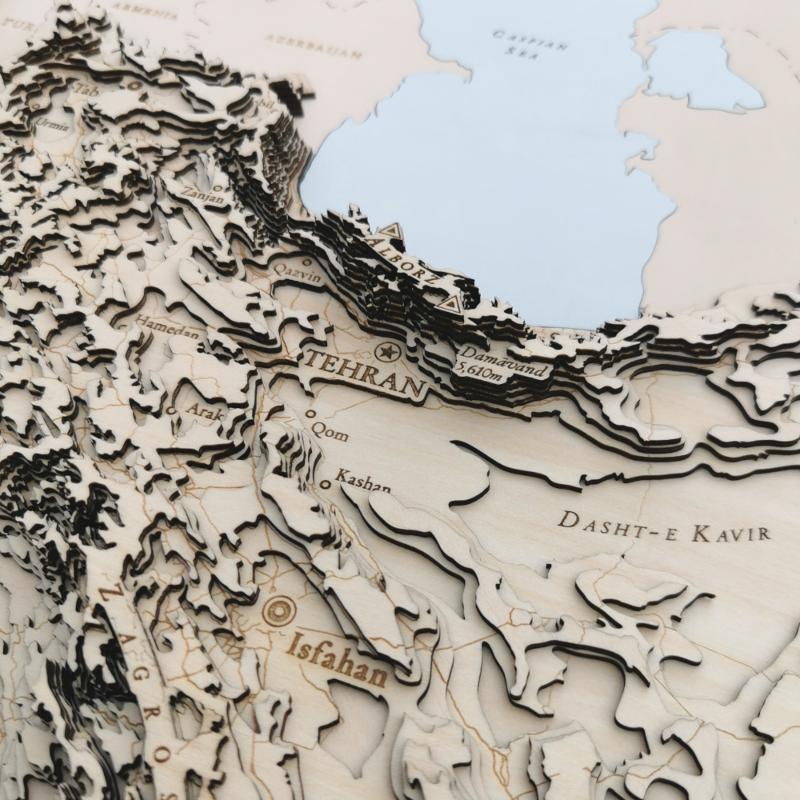 Tehran and the alborz mountains along with Isfahan showing on a topographic map