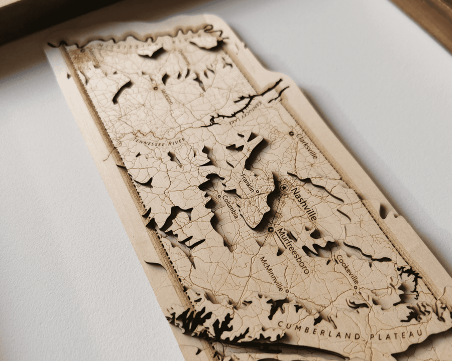 Wooden contour map art of Tennessee showing the Tennessee River and Murfreesboro