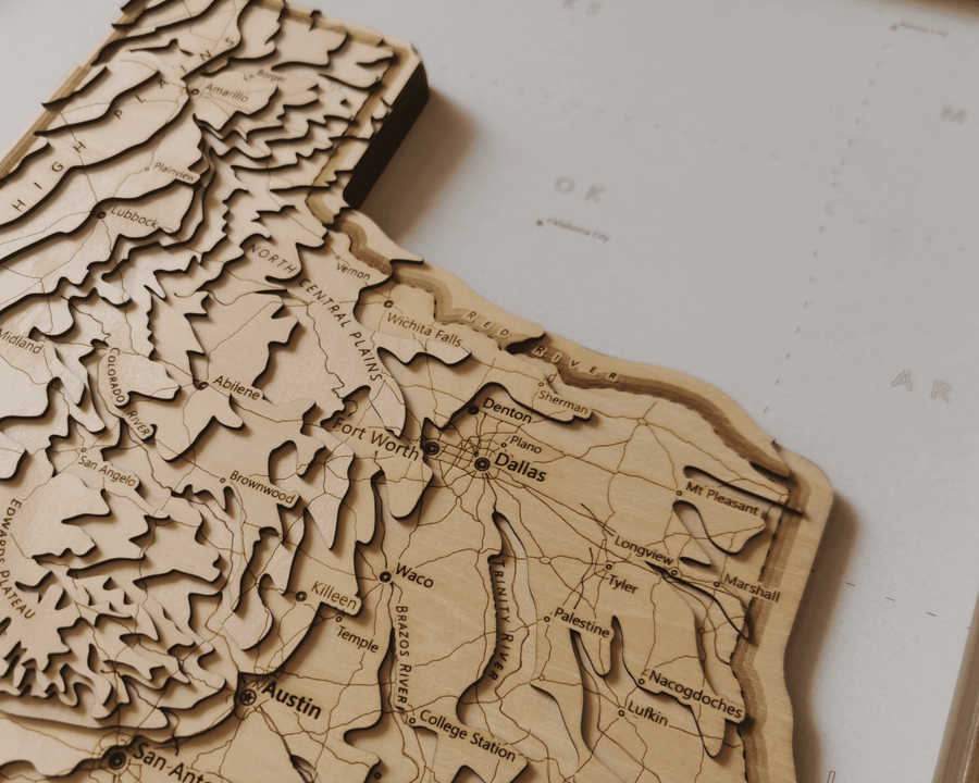 Wooden Contour Map of Dallas Fort Worth Texas. Made of Brown Wood