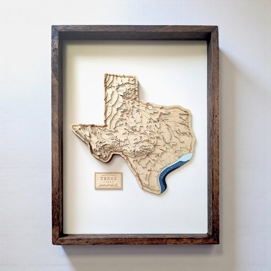 Framed wooden map of texas
