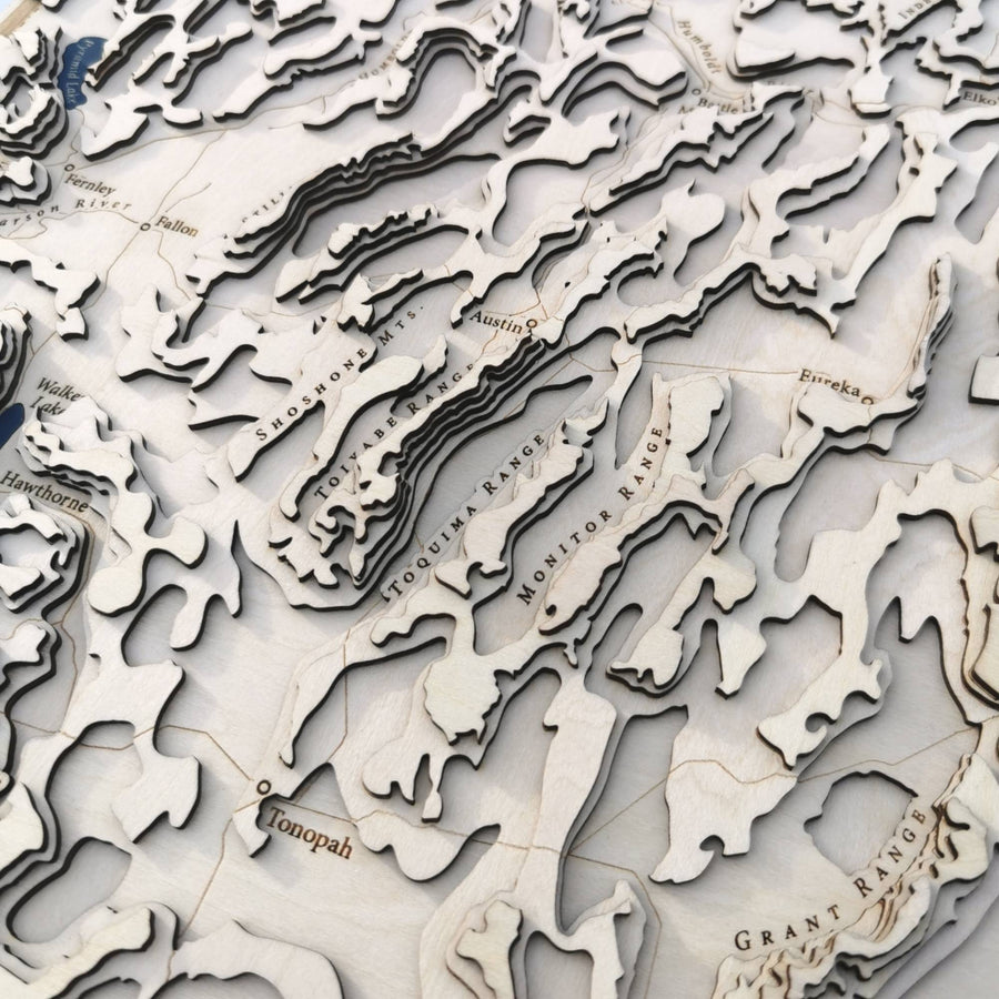 Shoshone mountains, toiyabe range, toquima range, and the monitor range of Nevada as seen on a wooden map