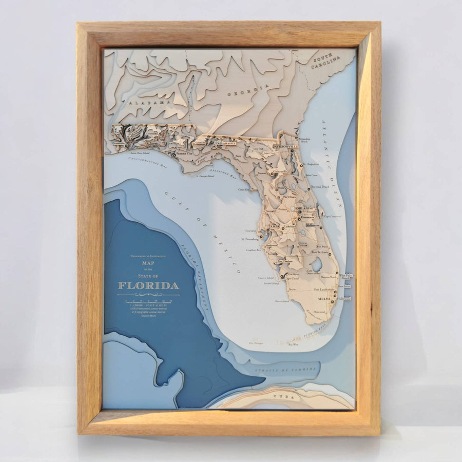 Florida state map in wooden contours with a natural wooden frame